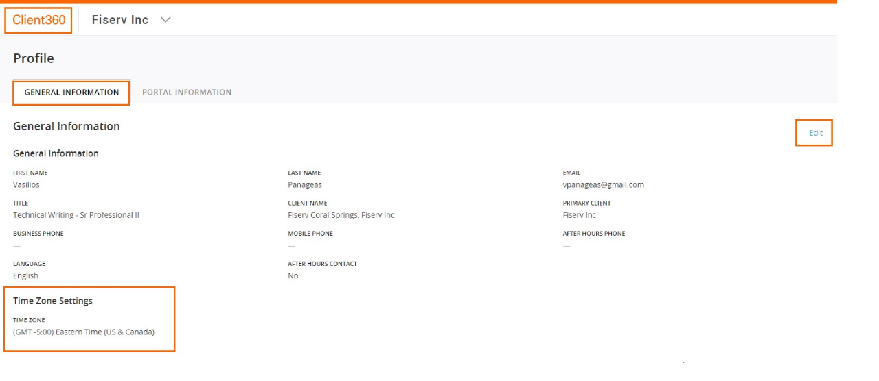 Profile screen, General Information tab, select edit, then time zone settings.