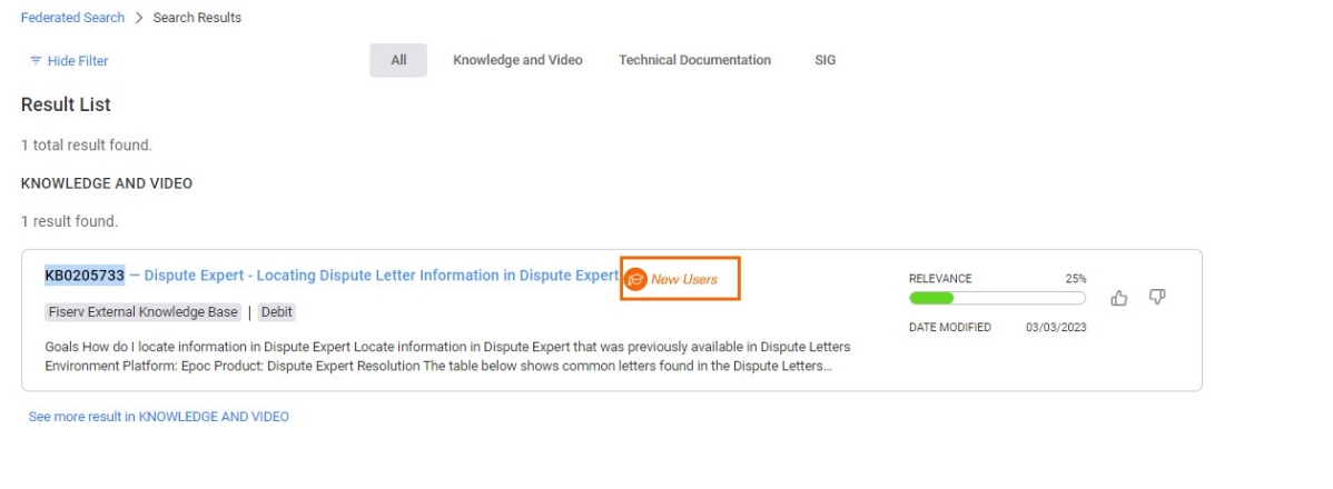 Knowledge Article title with a graduation cap image next to it in search list.