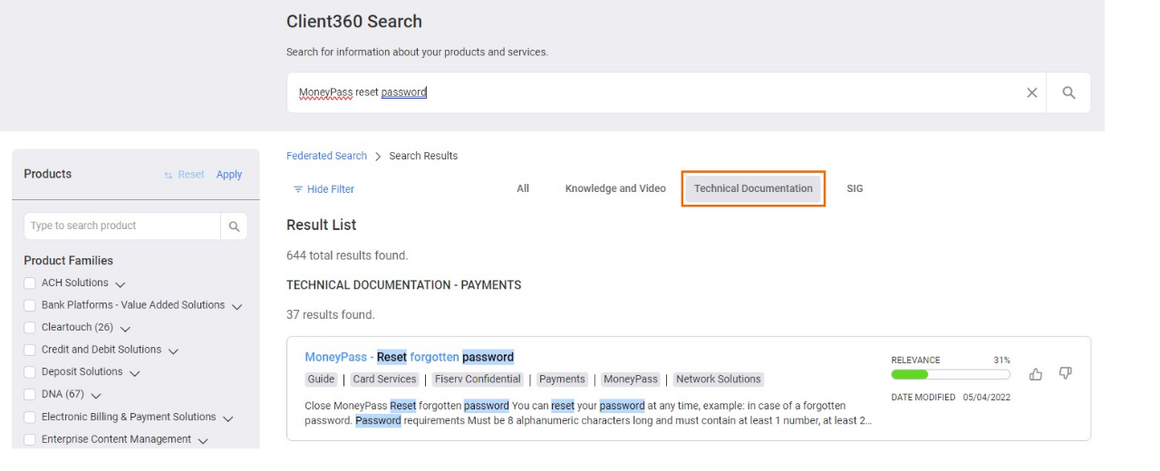 The client360 federated search results with an orange box around the Technical Documentation tab.