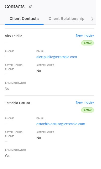 Client contact list showing Alex Public, who is not an administrator, and Estachio Caruso, who is an administrator.
