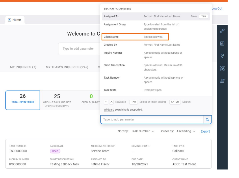 Inquiry Dashboard filter options with the parameter search featuring an Inquiry Tag search.