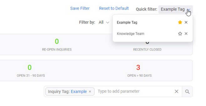 Inquiry Dashboard with the Quick filter menu open.