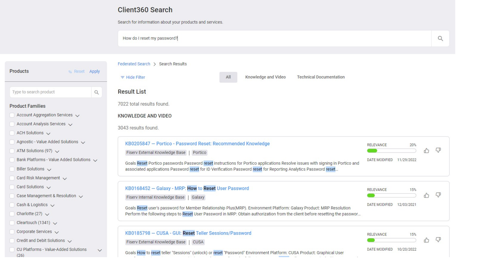 Federated search results showing the products filter.