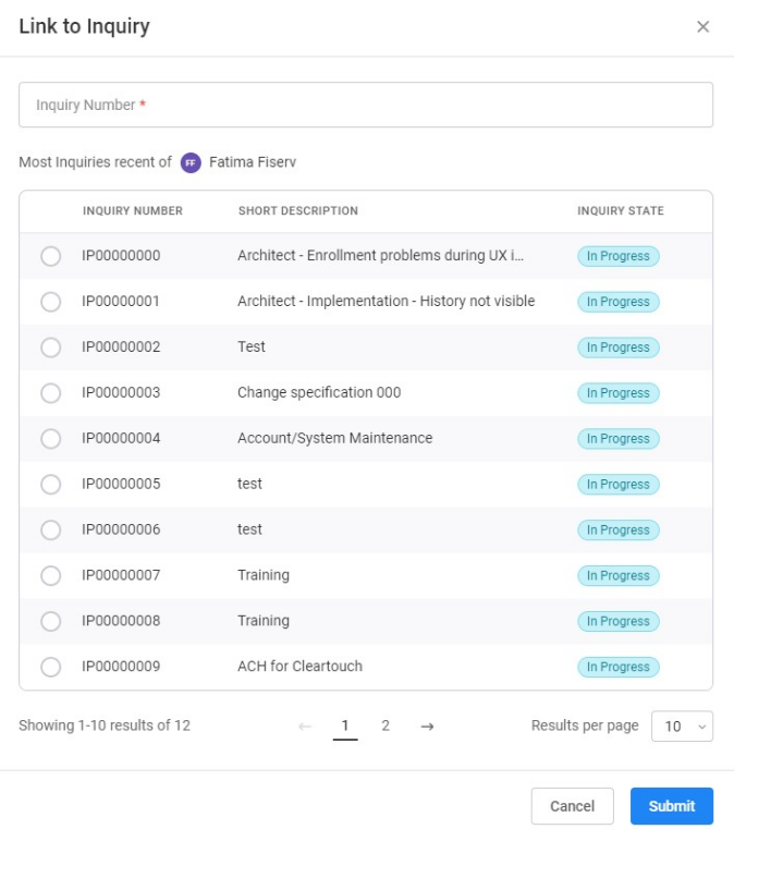 The Link to Inquiry window that appears when you select Link to Inquiry from a knowledge article retrieved from the Federated Search.