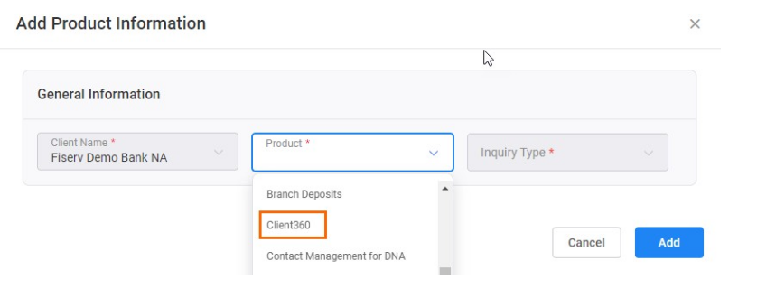 The product lookup window with the product menu open and an orange box around the Client360 product option.