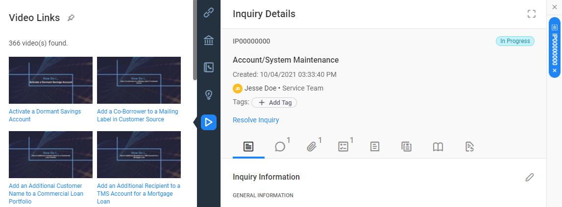 Inquiry Details pane with video tab of the Quick Access menu active.
