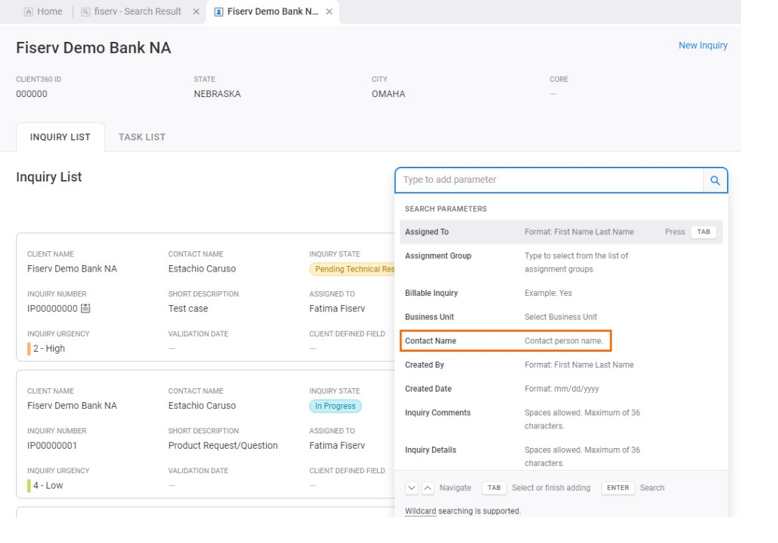 Client information page with parameter search options visible.