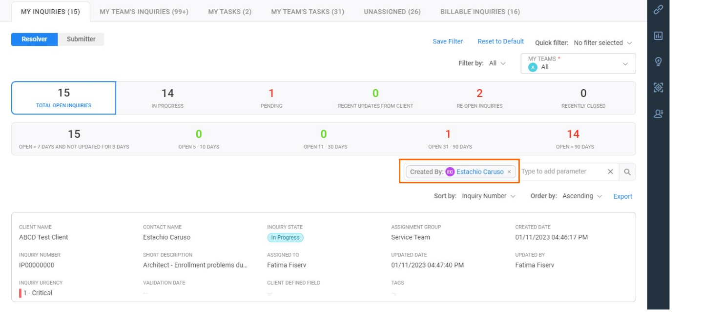 Inquiry dashboard with a filter in the Type to add a parameter search box. The filter is Created By: Estachio Caruso.