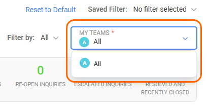 Inquiry dashboard with the My Teams filter expanded.