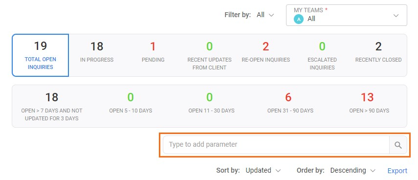 Inquiry dashboard with an orange box around the Type to add parameter search bar within the dashboard.