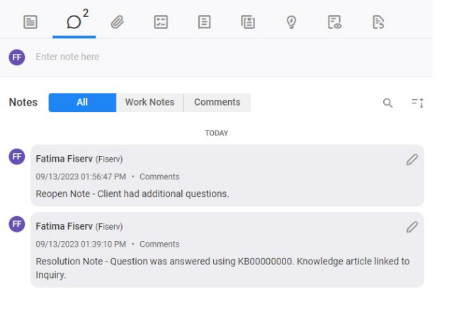 Notes tab of an inquiry containing a comment for a resolution note and a comment for a reopen note.