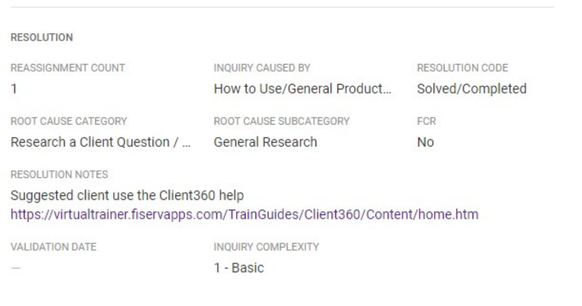 Resolution notes with hyperlink URL.