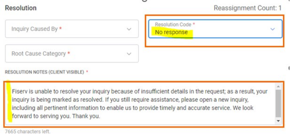 Resolution page with Resolution Code dropdown and Resolution Notes visible to clients.