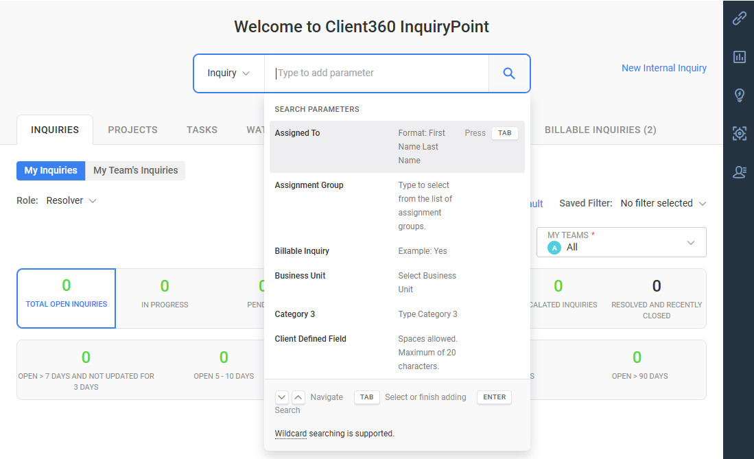 Search for information related to clients and inquiries.