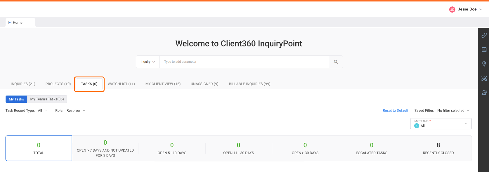 Inquiry dashboard with an orange box around the tabs for My tasks and My team's tasks.