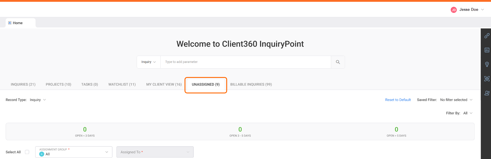Inquiry dashboard with an orange box around the unassigned tab.