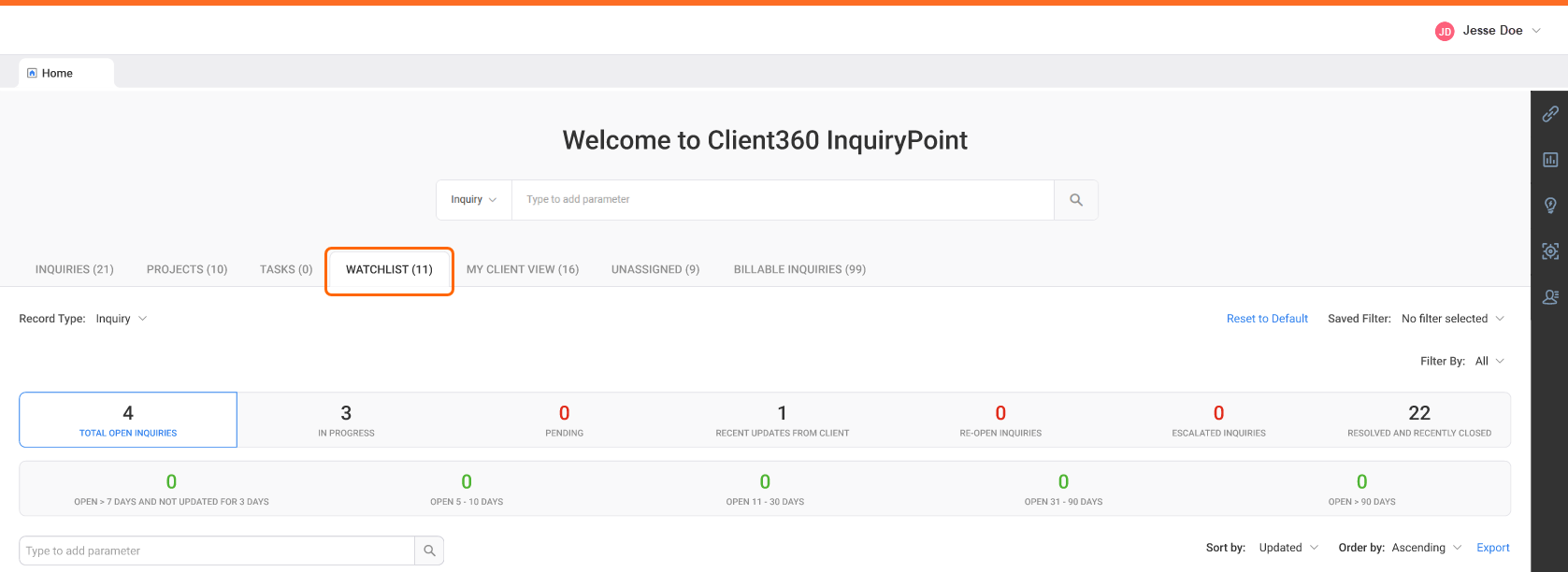 View My Inquiries in the Inquiry panel.
